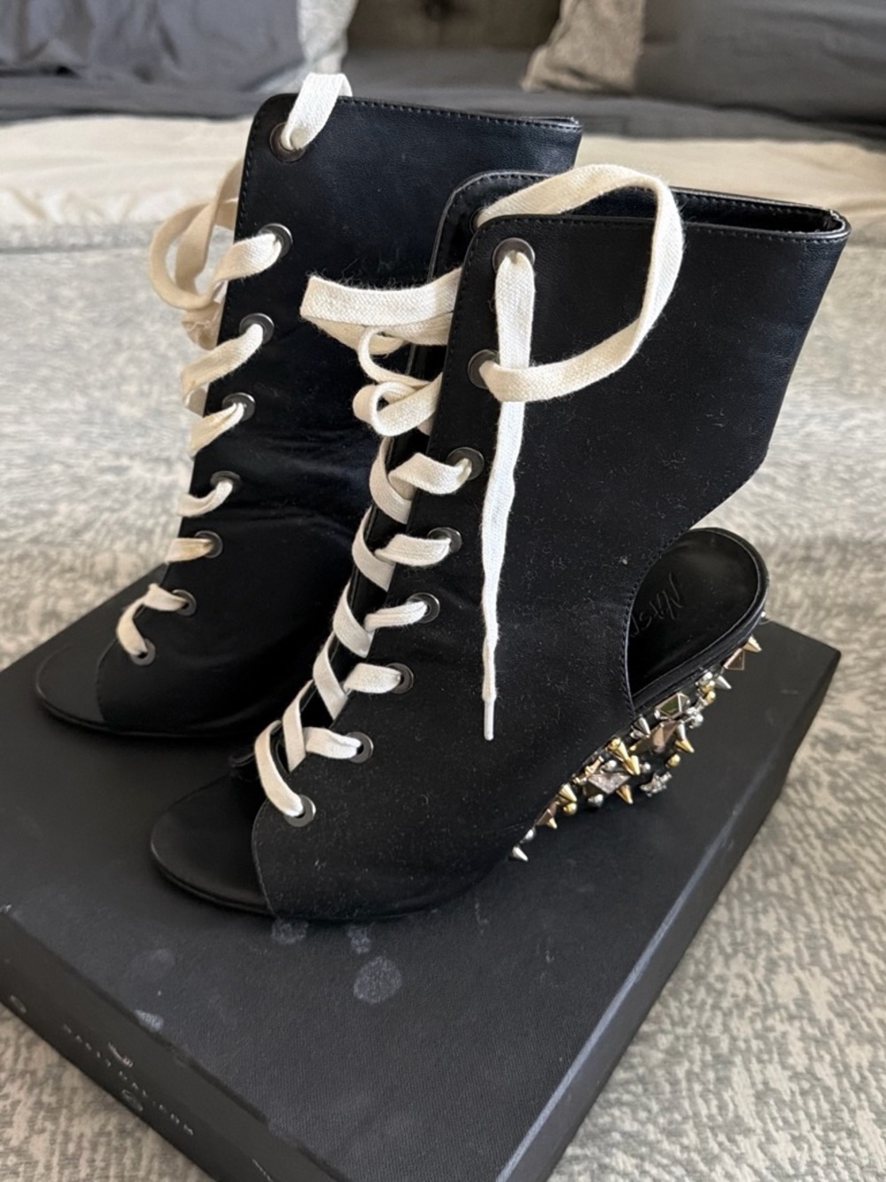 Black Lace-Up Peep-Toe Heeled Booties with Studded Heel